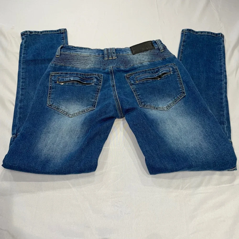 Mens Blue Moto Biker Jeans Slim Fit Ribbed Knee Zipper Detail Size 28x30